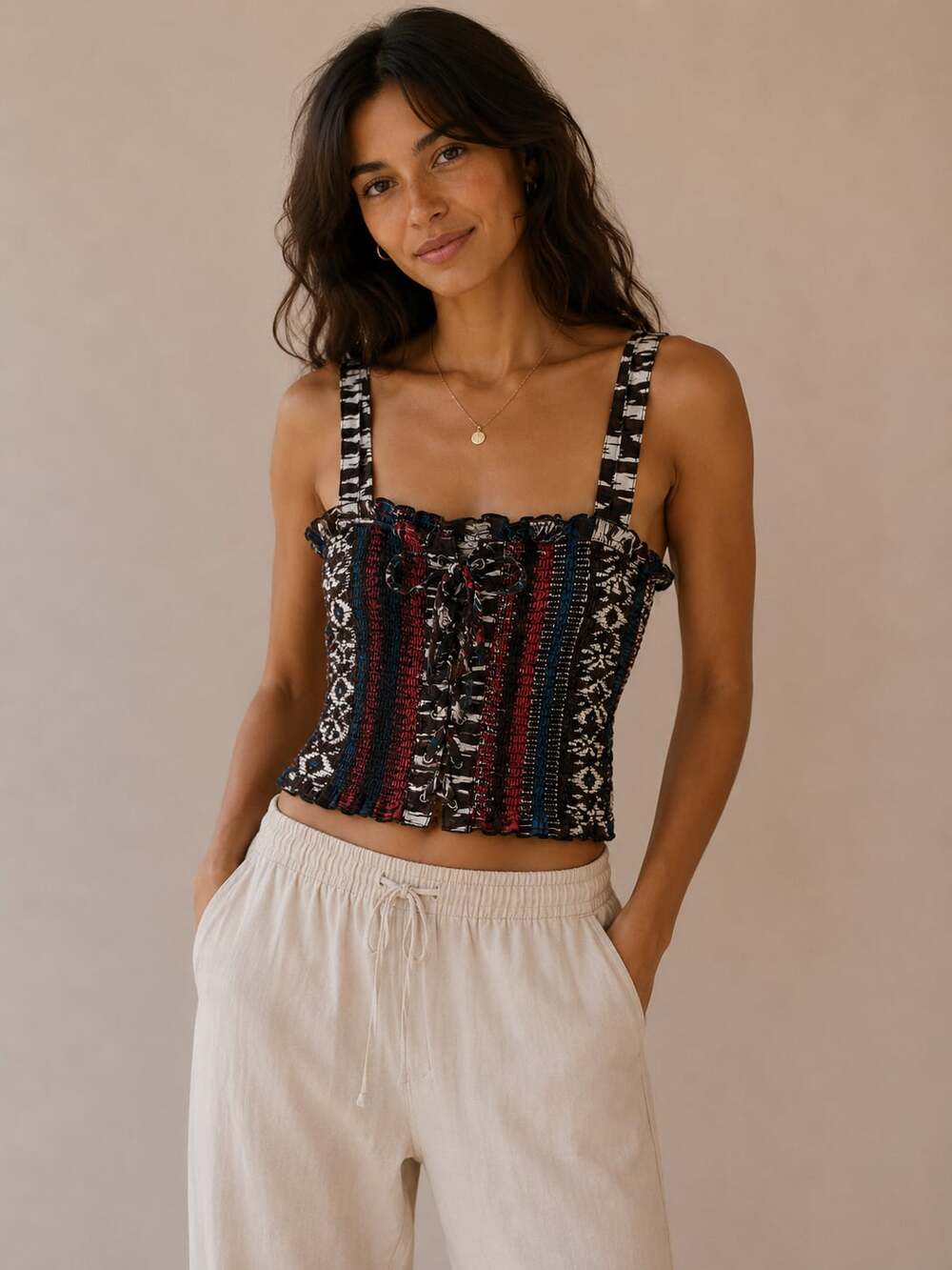 Treadstory Smocked Lace-Up Crop Top Size M